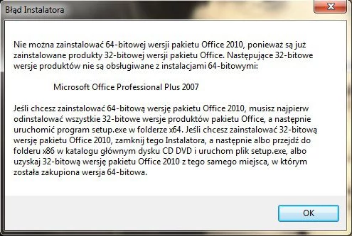 64-bitowy Office nie współpracuje z 32-bitowymi edycjami pakietu. Przed instalacją, musisz wpierw usunąć te drugie.