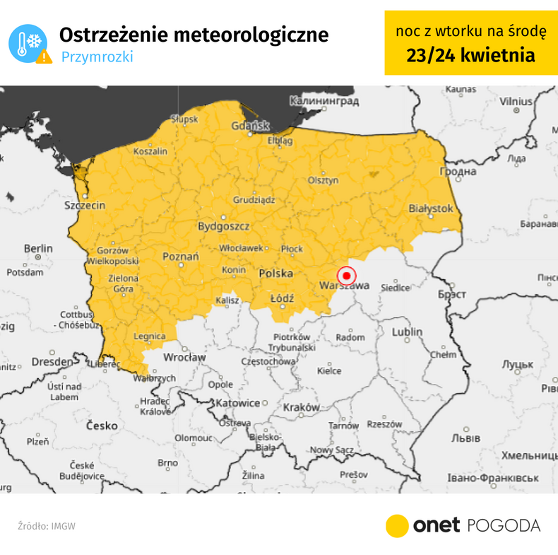 Alerty przed przymrozkami obowiązują w zachodniej, północnej i częściowo środkowej Polsce