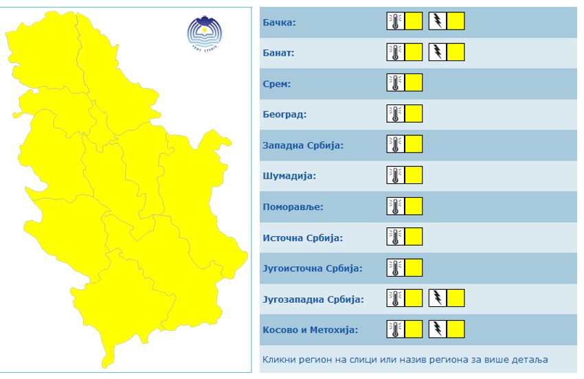 Zbog visokih temperatura koje će prelaziti 32. podeok, Republički hidrometeorološki zavod (RHMZ) izdao je žuti meteoalarm za teritoriju cele zemlje