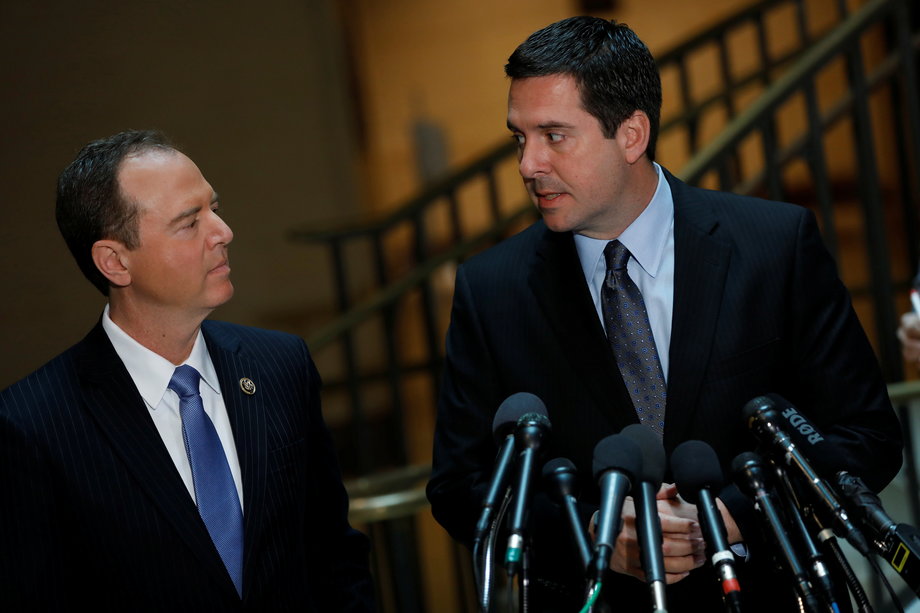 Rep. Devin Nunes and Rep. Adam Schiff in Washington, DC, on March 15 speaking with the media about the ongoing Russia investigation.