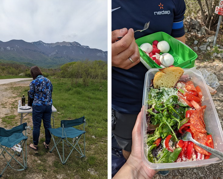 Posiłki w Chorwacji. Na trekking po górach, a także na dłuższe trasy samochodowe mieliśmy przygotowane wcześniej jedzenie. 