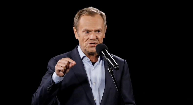 Donald Tusk speaking at a rally in 2021.