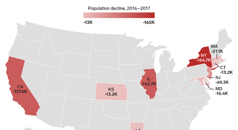 10 fastest shrinking states US map