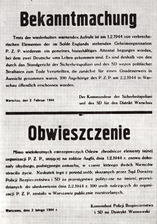 Obwieszczenie niemieckie o rozstrzelaniu 100 zakładników po zabiciu Kutschera