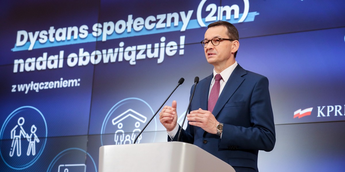 27.05.2020, Warszawa. Premier Mateusz Morawiecki w trakcie konferencji nt. znoszenia kolejnych obostrzeń 