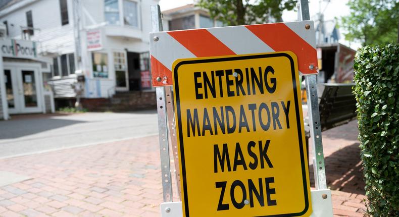 A mandatory masking sign in Seaside Vacation town Provincetown, Massachusetts, US, on July 10, 2020.
