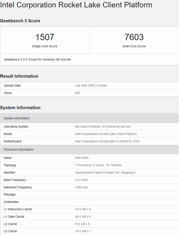 Intel Rocket Lake-S w Geekbench