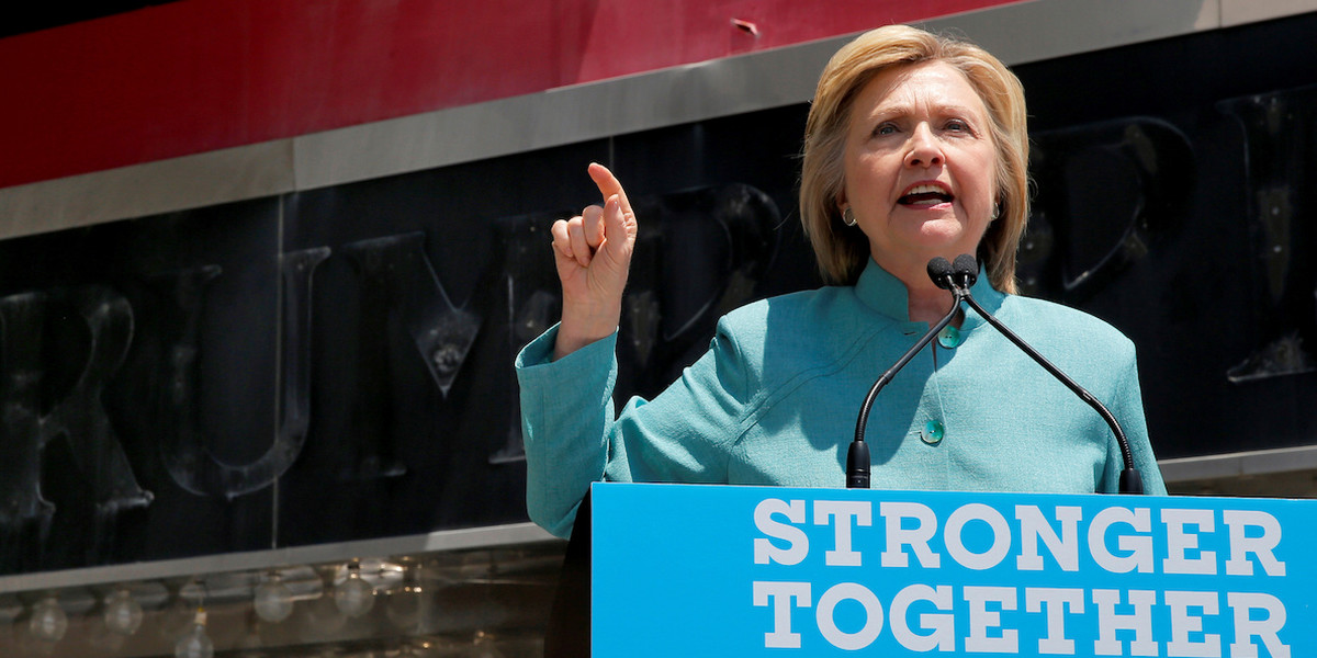 US Democratic presidential candidate Hillary Clinton delivers a campaign speech outside the shuttered Trump Plaza in Atlantic City, New Jersey.