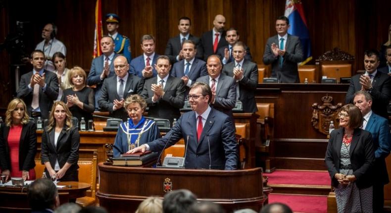 Serbia's President-elect Aleksandar Vucic takes oath of office during the inauguration ceremony in Belgrade