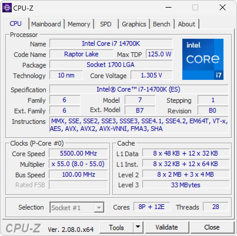 Intel Core i7-14700K – CPU-Z – specyfikacja procesora