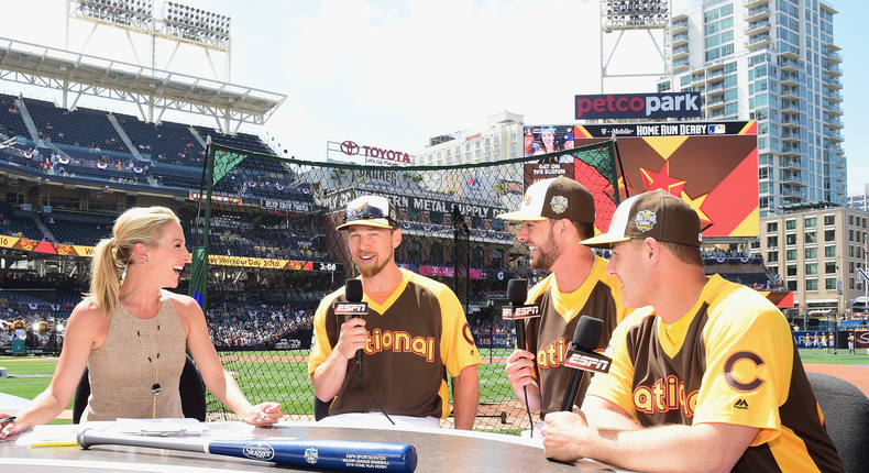 ESPN sports anchor Lindsay Czarniak interviews Ben Zobrist #18 of the Chicago Cubs, Kris Bryant #17 of the Chicago Cubs and Anthony Rizzo #44 of the Chicago Cubs during Gatorade All-Star Workout Day