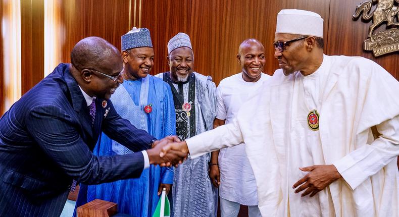 From left: The Minister of State for Petroleum Resources, Mr Timipre Sylva, Governor Atiku Bagudu of Kebbi state, Mohammed Badaru of Jigawa state, then Bayelsa Governor-elect, David Lyon, President Muhammadu Buhari. [Twitter/@BashirAhmaad]