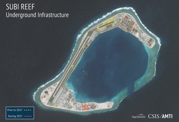 Infrastruktura wojskowa na Rafie Subi w archipelagu Wysp Spratly na Morzu Południowochińskim. źródło: Asia Maritime Transparency Initiative/Digital Globe