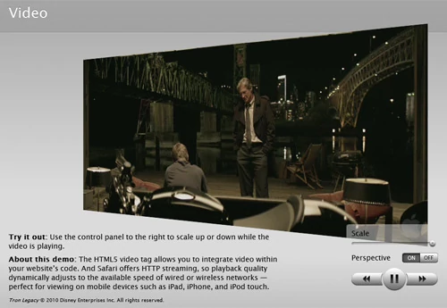 Na stronie Apple (apple.com/html5/) można podziwiać demo różnych potencjalnych zastosowań HTML5. Jedno z nich to interaktywne wideo