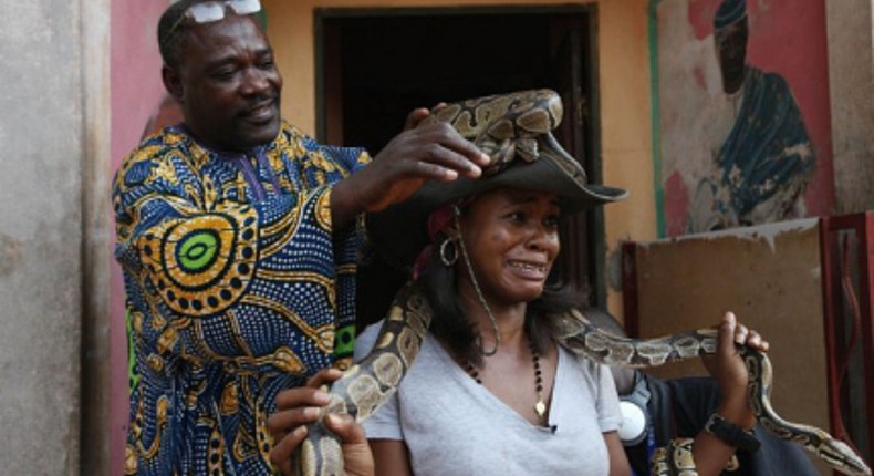 A tourist carrying a snake at Temple des pythons [Black feelings]