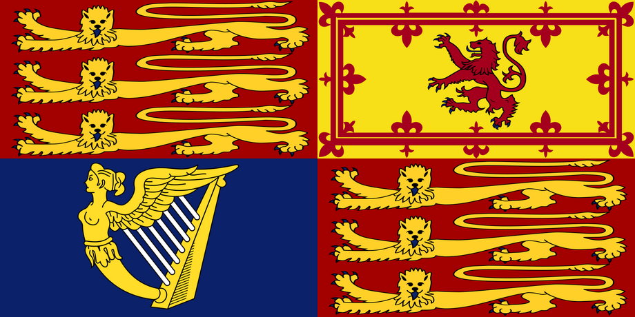 The Royal Standard, as flown in England, Northern Ireland, Wales, and overseas (a variant is employed in Scotland).