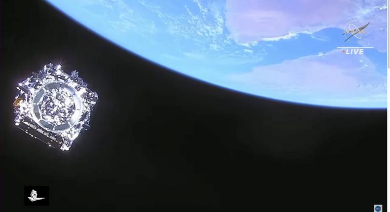 The James Webb Space Telescope drifts away from the rocket's last stage on December 25, 2021. This is the last time a camera will capture Webb up close.NASA TV