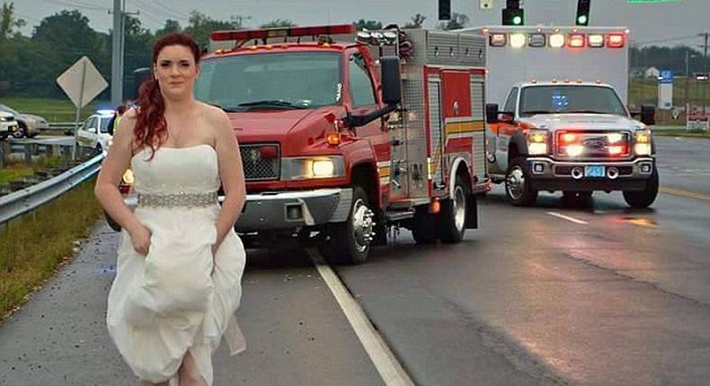 Paramedic Sarah Ray rushed to the scene of an accident to help her family an hour after her wedding