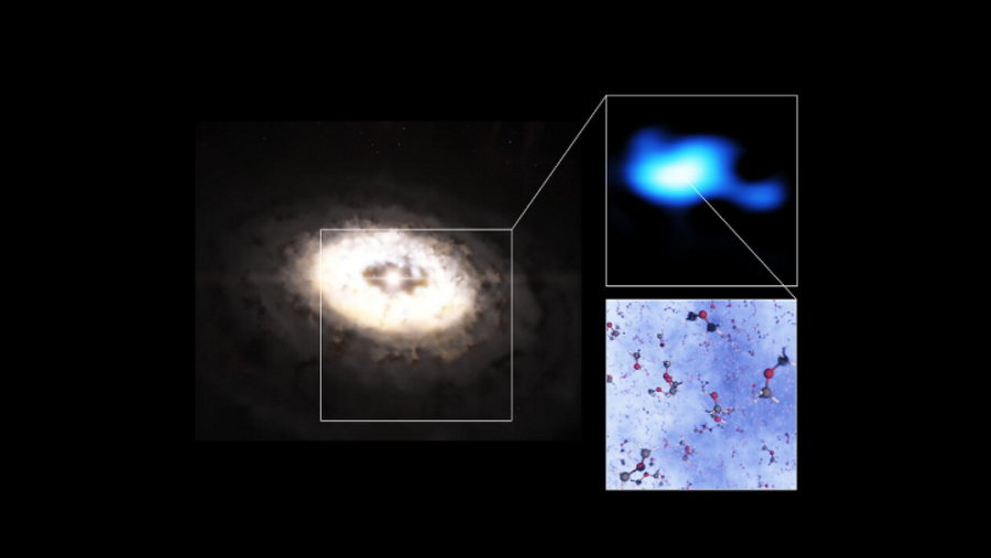 Na zdjęciu wizja artystyczna eteru dimetylowego w dysku protoplanetarnym wokół IRS 48, fot. ESO/L. Calçada, ALMA (ESO/NAOJ/NRAO)/A. Pohl, van der Marel et al., Brunken et al. 