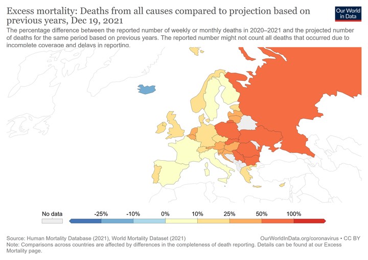 Nadmierna śmiertelność w Europie. Stan na 19 grudnia 2021 r. 