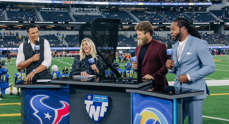 Amazon Thursday Night Football hosts Tony Gonzalez, Charissa Thompson, Ryan Fitzpatrick, and Richard Sherman during a dress rehearsal.