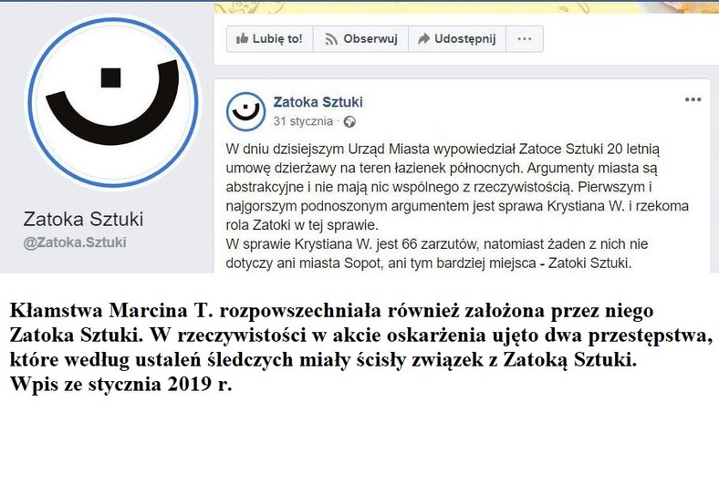 Wpis z profilu Zatoki Sztuki ze stycznia 2019 r.