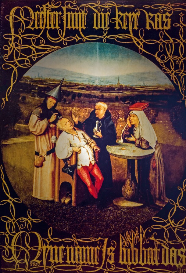 „Leczenie głupoty – obraz Hieronima Boscha przedstawiający trepanację czaszki, olej na desce, 1494 r. Na stronie obok: „Portret szaleństwa, rycina z esejów Charlesa Bella z 1806 r.