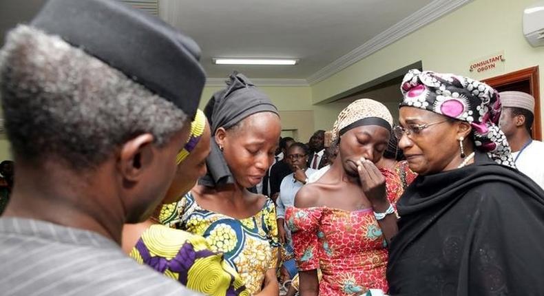 Some of the 21 Chibok school girls released are seen during a meeting with Nigeria's Vice President Yemi Osinbajo in Abuja, Nigeria, October 13, 2016