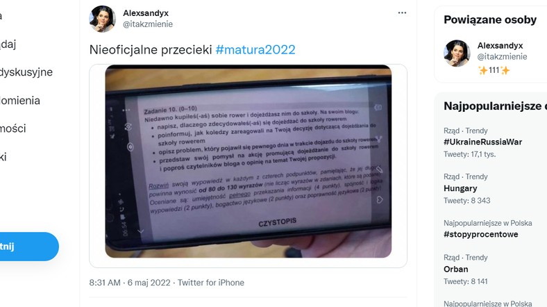 Wpis z Twittera, informujący o przecieku z matury. Po publikacji post został usunięty