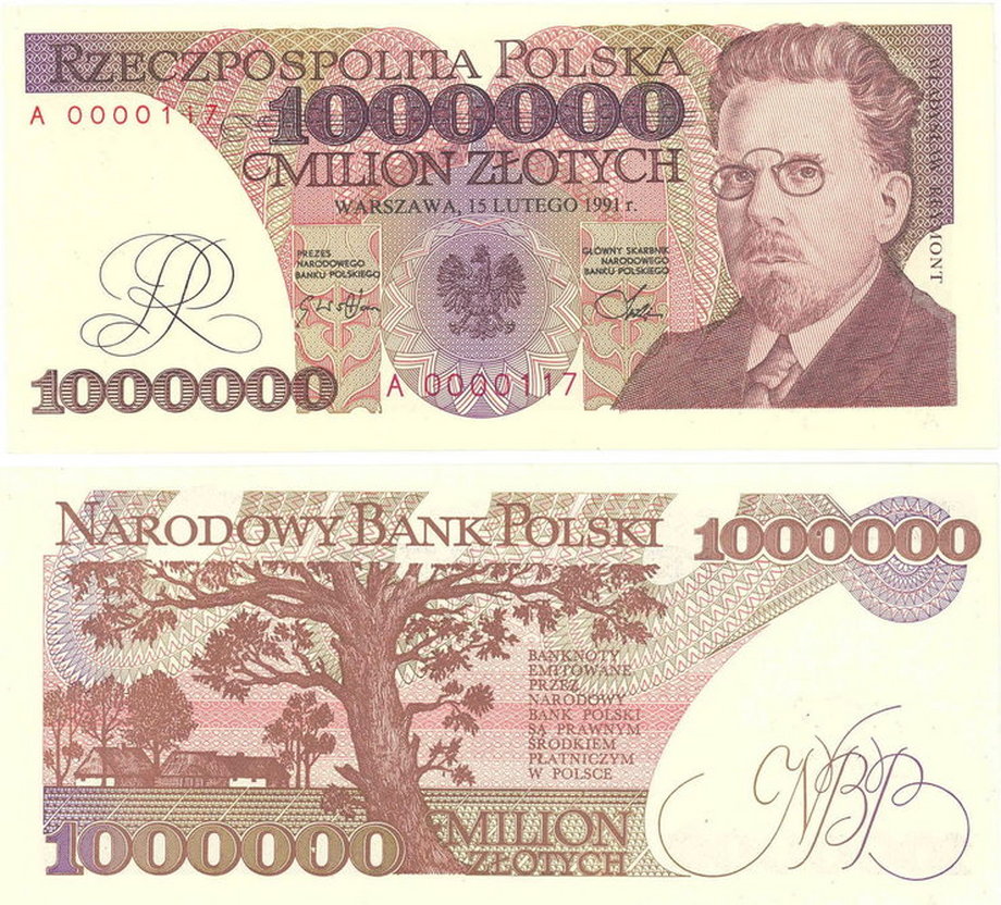 Banknot 1 000 000 zł (dziś: 100 zł) z wizerunkiem Władysława Reymonta, a na rewersie z wiejskim pejzażem