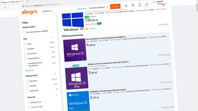 Windows 10 można obecnie na Allegro kupić nawet poniżej 5 zł