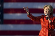 Democratic presidential candidate Hillary Clinton speaks during a campaign rally with her husband fo