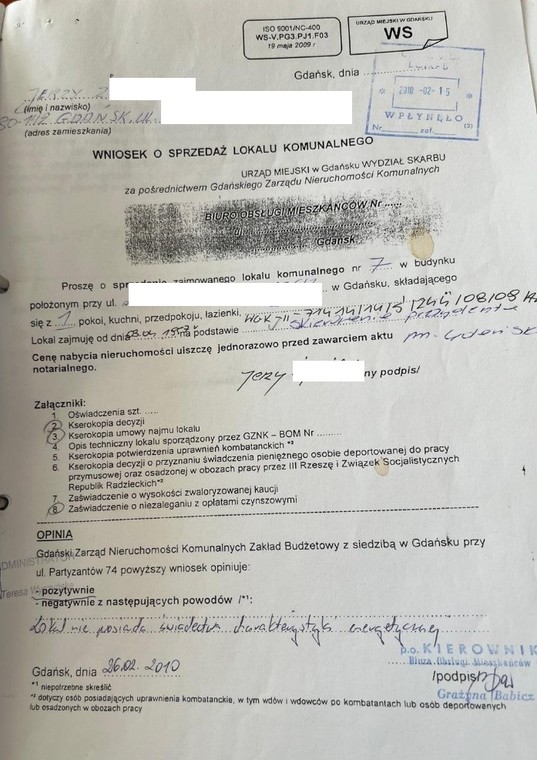 Wniosek o wykup lokalu komunalnego złożony przez Jerzego Ż. z 2010 roku