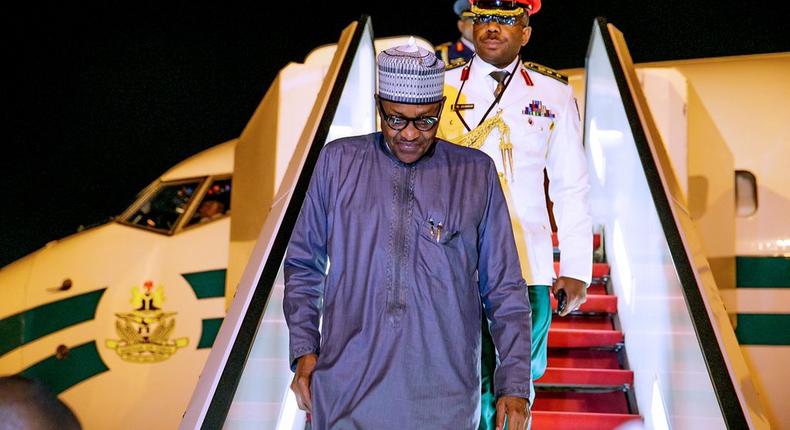 Buhari returns to Nigeria after a private visit to London, the United Kingdom. (Bashir Ahmad/Twitter)