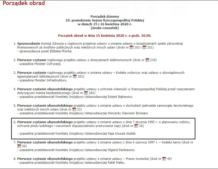 Porządek obrad Sejmu zaplanowany na 15 kwietnia