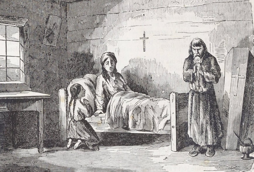 "Modlitwa przy chorej", rysunek z drugiej połowy XIX w.