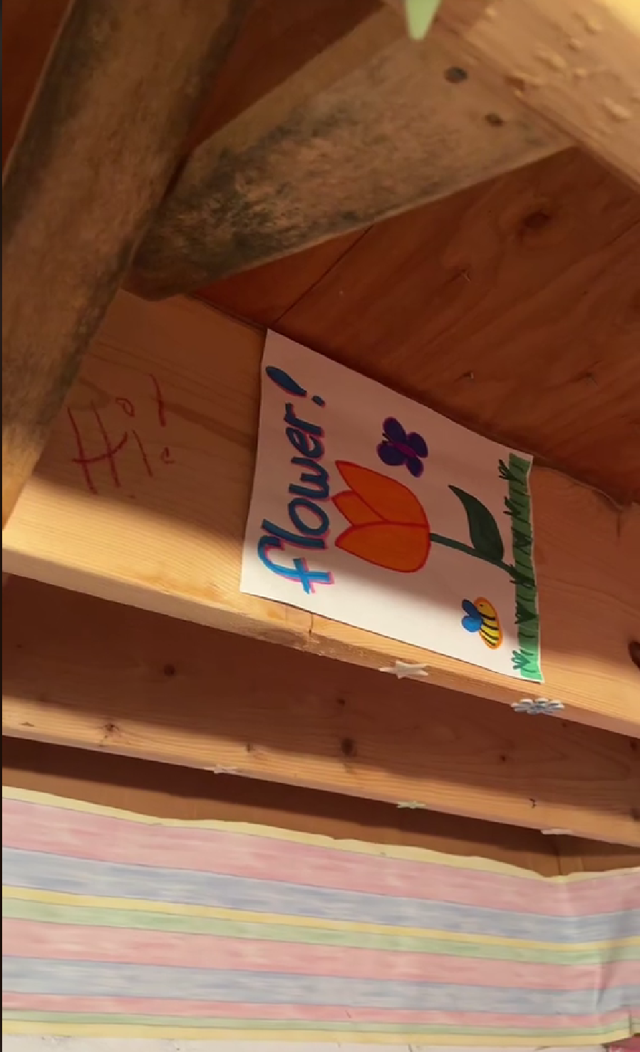 Skrytá miestnosť s detskými kresbami.