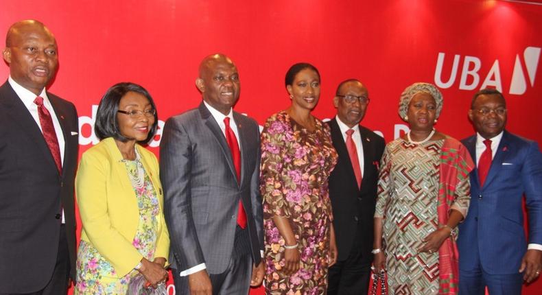 Group Managing Director/CEO, United Bank for Africa (UBA), Kennedy Uzoka; Non Executive Director, UBA, Rose Okwechime; Chairman, Tony Elumelu; Non Executive Director, Owanari Duke; Vice Chairman Ambassador Joe Keshi; Non Executive Director, Foluke Abdulrasaq andGroup Company Secretary, Bili Odum, during the 55th Annual General Meeting of the company in Lagos.