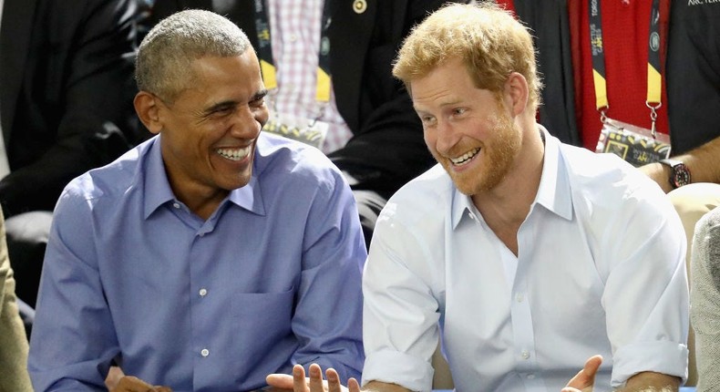 Barack Obama and Prince Harry laugh together at the 2017 Invictus Games.Christ Jackson/Getty Images