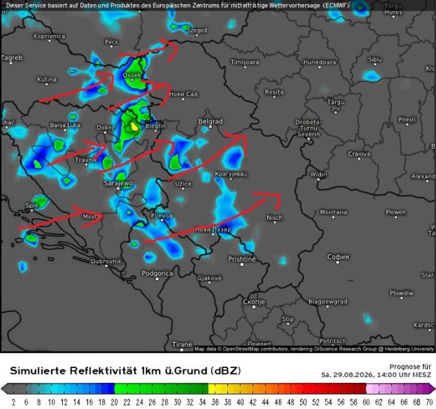Mapa lokalnih pljuskova u subotu 29. avgusta
