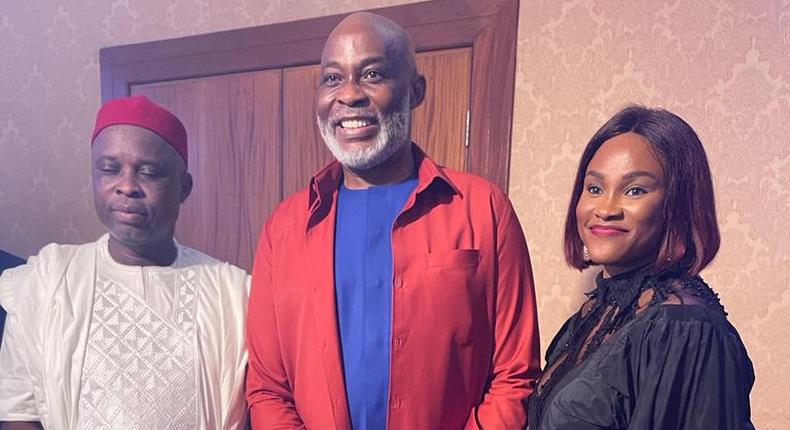 The birthday celebrant Gilbert Igweka flanked by Richard Mofe-Damijo and his wife Perpetual Igweka 