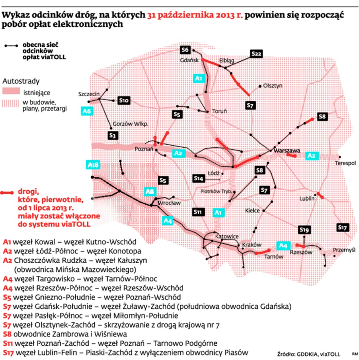 Wykaz odcinków dróg, na których 31 października 2013 r. powinien się rozpocząć pobór opłat elektronicznych