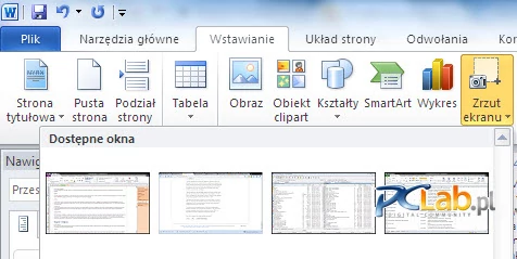 MS Word 2010 – wybór zrzutu okna uruchomionej w tle aplikacji