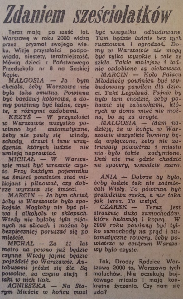 Sześciolatki piszą o tym, jak Warszawa będzie wyglądać w 1989 roku