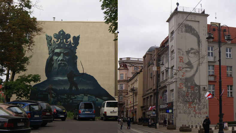 Inne bydgoskie murale - z Kazmierzem Wielkim (z lewej) i Marianem Rejewskim