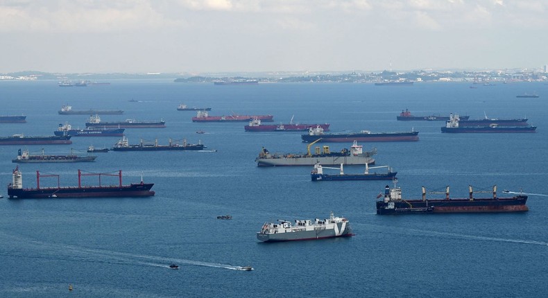 Ships in the Singapore Strait, which connects the Malacca Strait to the South China Sea, on September 21, 2021.