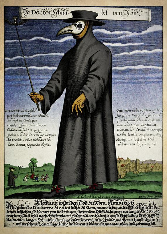 Lekarz z czasów czarnej śmierci (rycina, Paul Fürst "Der Doctor Schnabel von Rom", XVII w.)