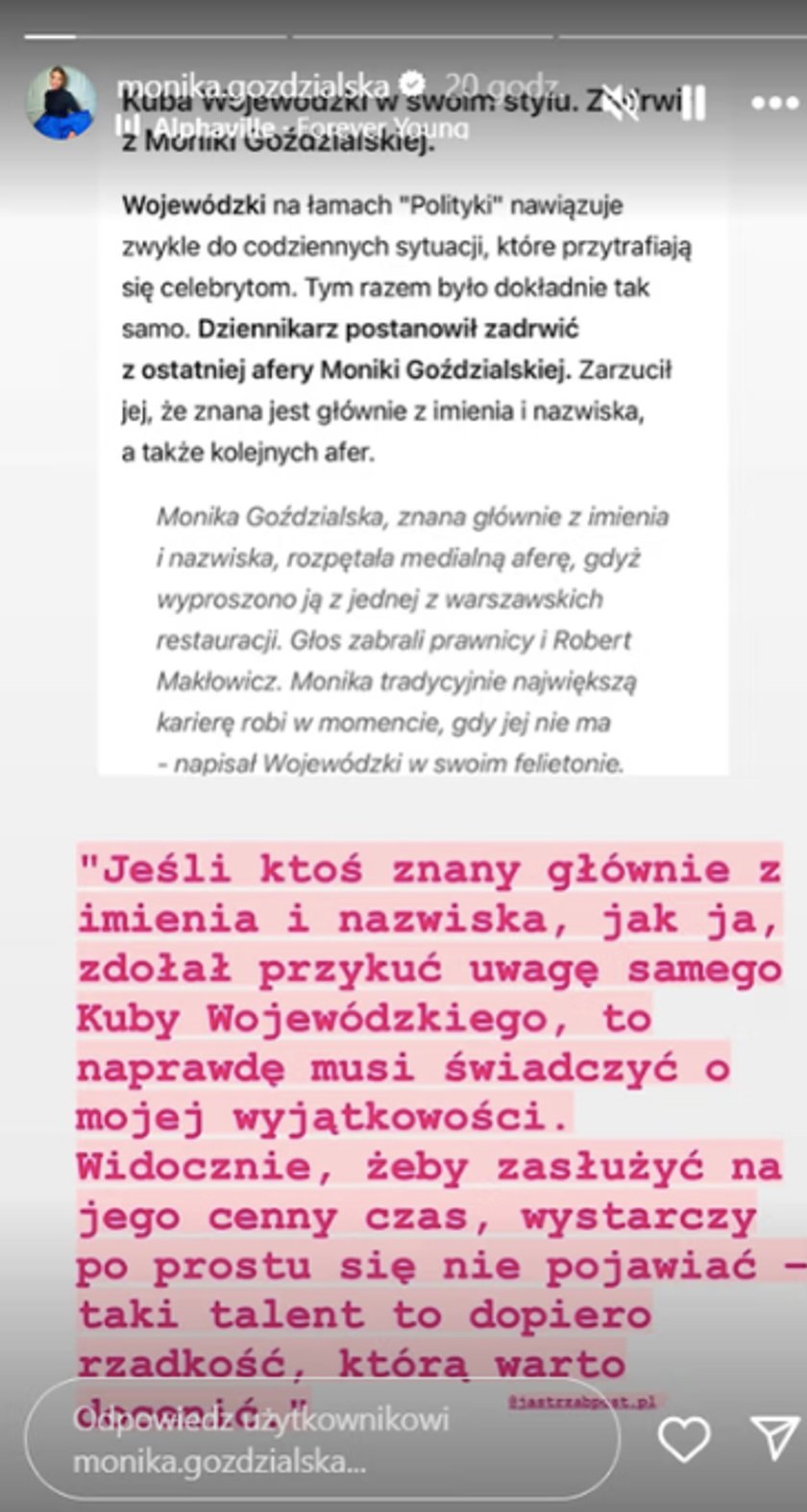 Monika Goździalska odniosła się do słów Kuby Wojewódzkiego.