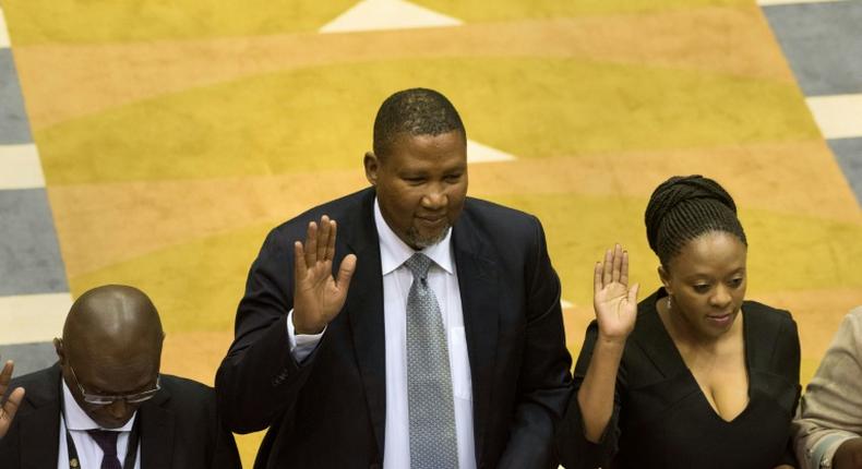 Oath of office: Mandla Mandela, centre, the grandson of Nelson Mandela, was sworn in alongside other newly-elected MPs