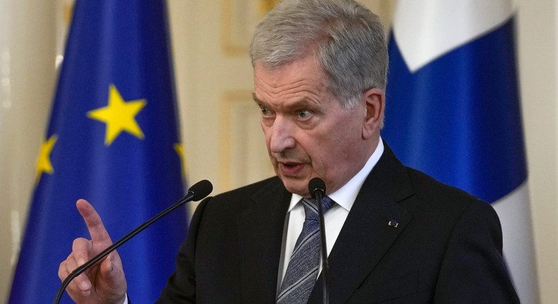 Finland's President Sauli Niinisto makes a point during a joint press conference with British Prime Minister Boris Johnson at the Presidential Palace on May 11, 2022 in Helsinki, Finland.